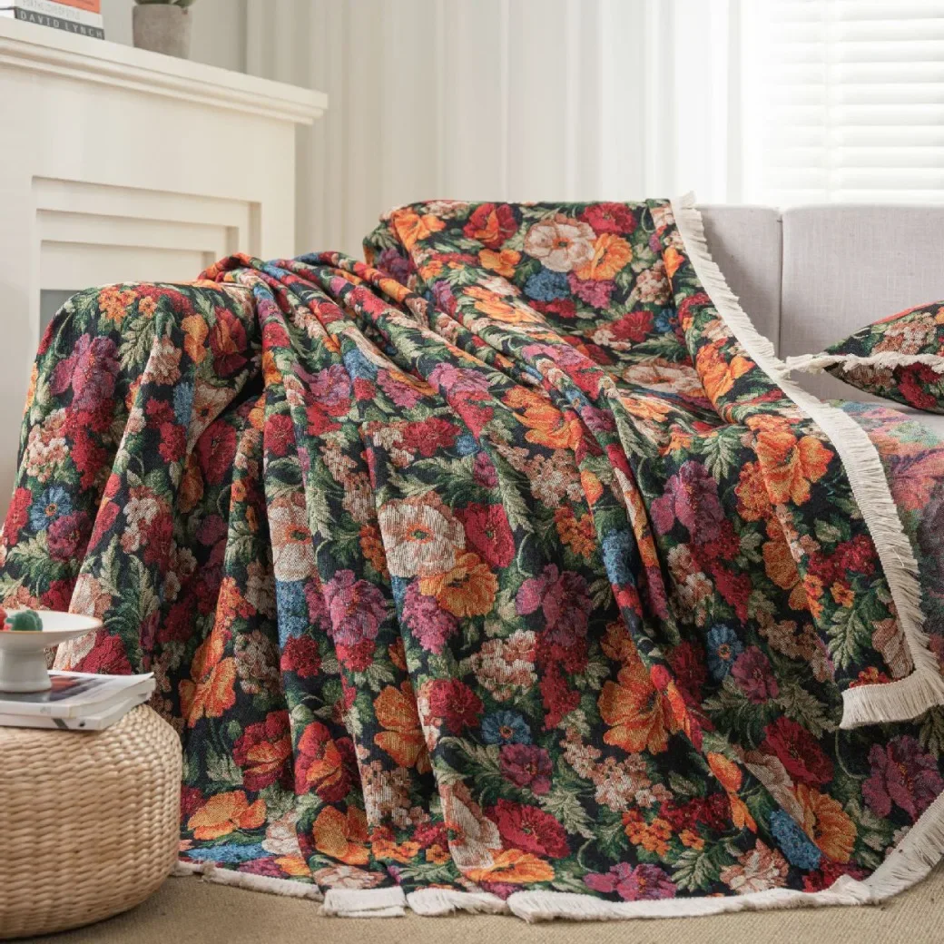 Slipcover Prevent Cat Scratching Jacquard Iris Flower Vintage Festive Thick Sofa Cover Blanket