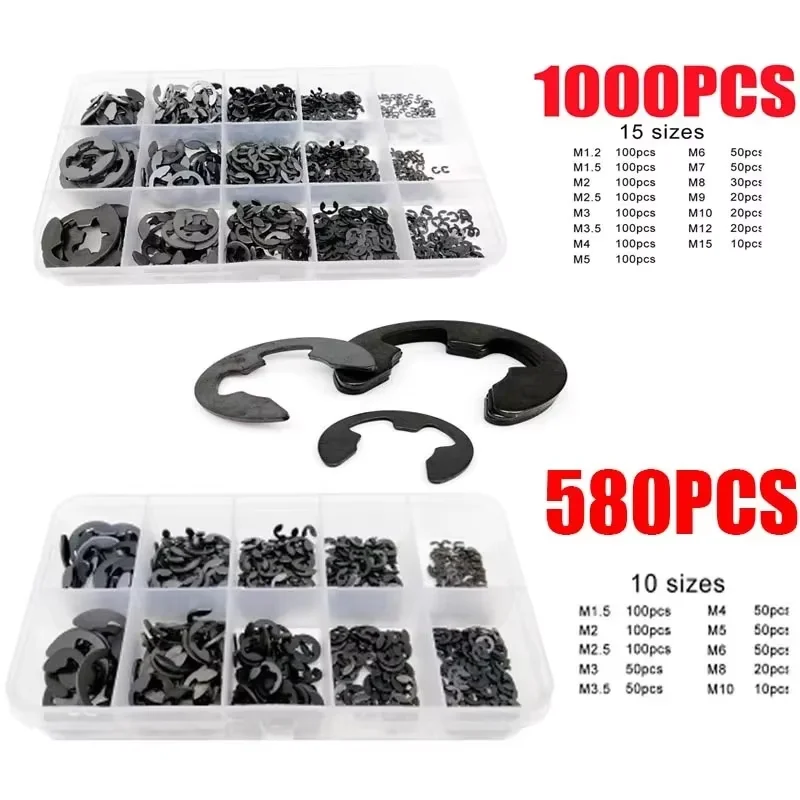 580/1000pcs Black Carbon Steel External Retaining Ring E-Clip Snap Circlip Washer M1.2-M15 Shaft Size for Mechanical Engineering
