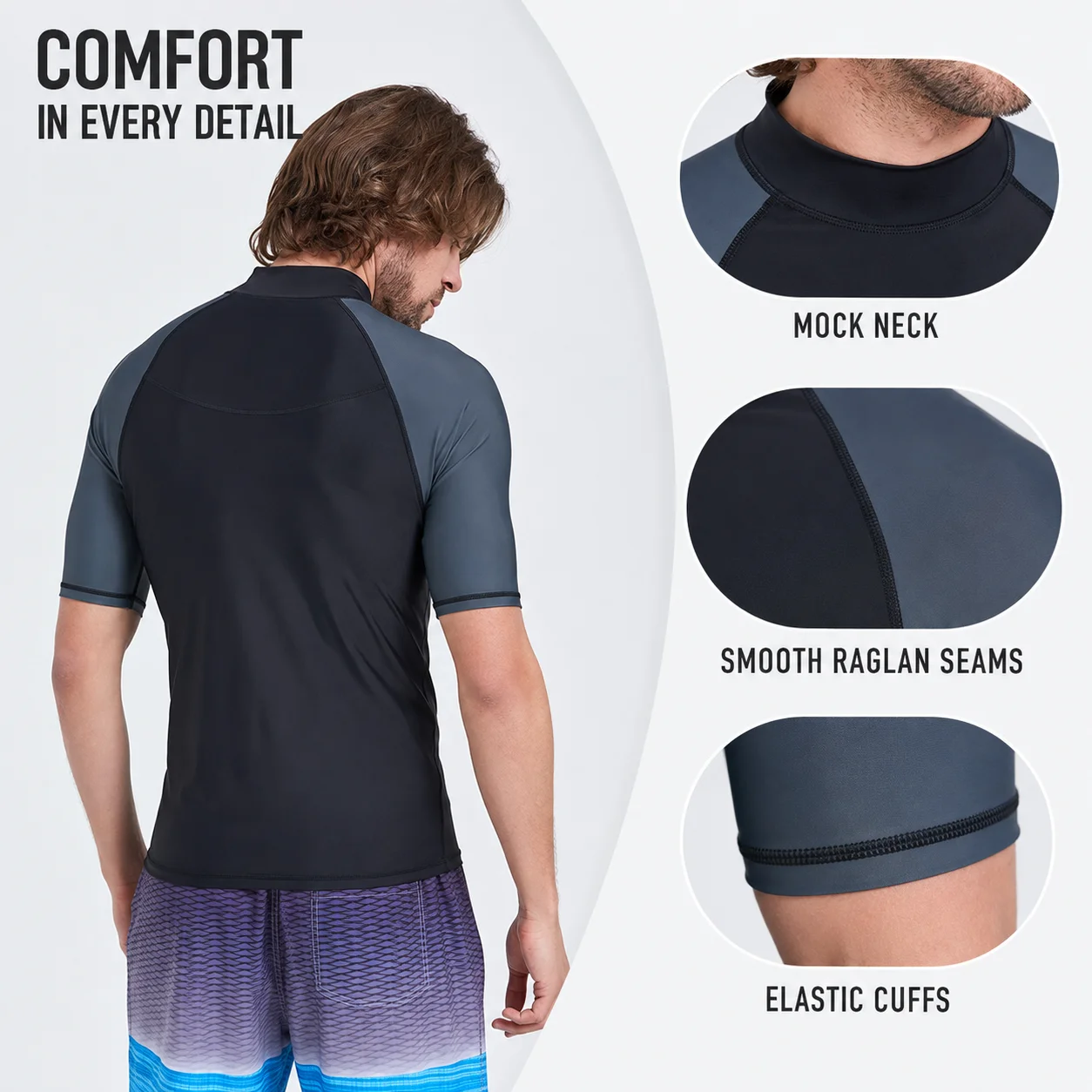 SBART Men\'s UPF 50+ Short Sleeve Rash Guard Quick-Dry Stretch Swim Shirt for Surfing Diving Kitesurfing Windsurfing