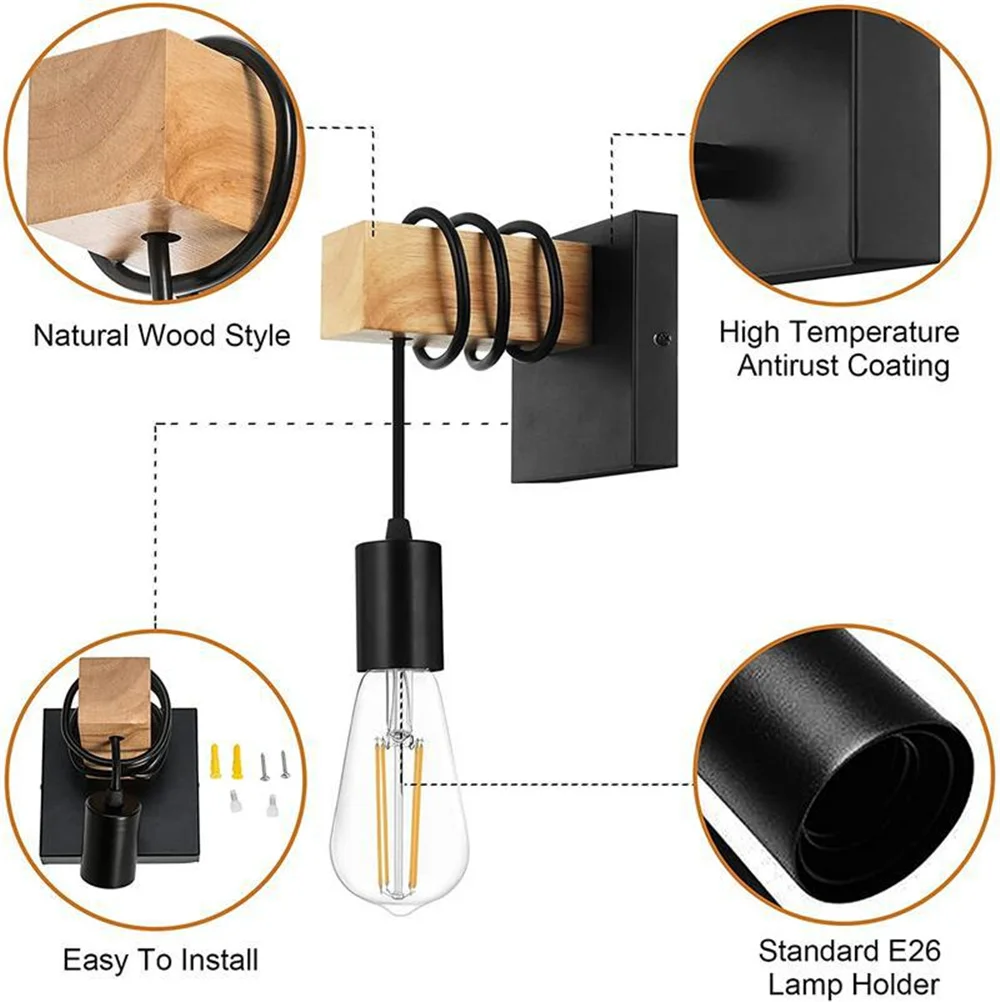 Wood Wall Sconces For Indoor LED Wall Sconces Plug In Metal Square Based For Living Room Dining Room Bedroom Wall Lamp (No Bulb)