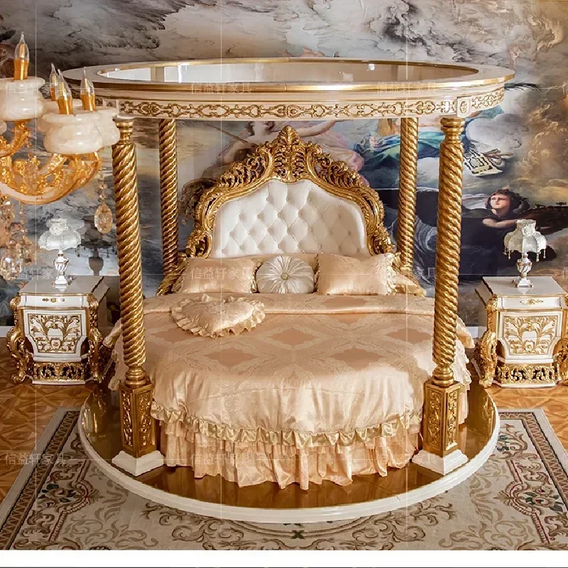 European classic solid wood round bed luxury French style carved villa master bedroom leather noble princess bed double wedding