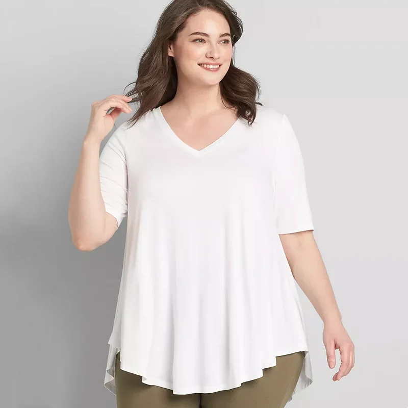 Túnica informal de talla grande con cuello en V para mujer, Tops tipo túnica alta y baja, blusa y Top básico acampanado holgado de manga corta Blanco sólido 6XL