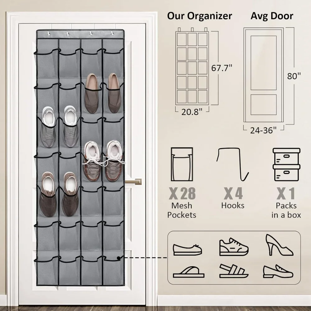 14/35 Taschen über der Tür, Schuhregal, große Netztaschen mit 4 Haken für Schrank, zum Aufhängen, Schuhregal, Halter, Aufhänger, Aufbewahrungstasche – Detail 1