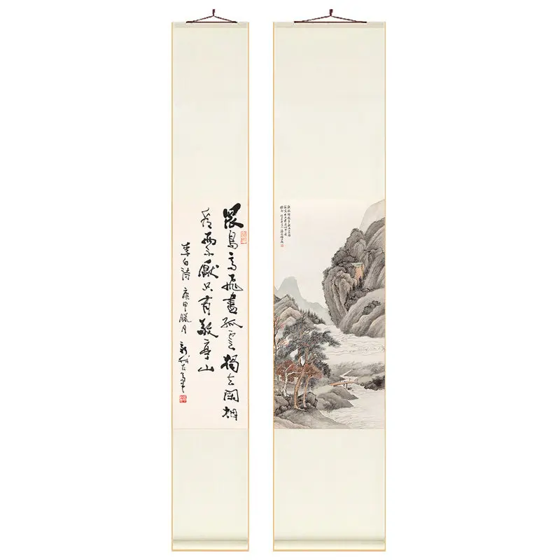 Traditional Song-style Vertical Hanging Scroll, Oriental Scenery & Script Artwork For Multi-space Indoor Wall Ornament