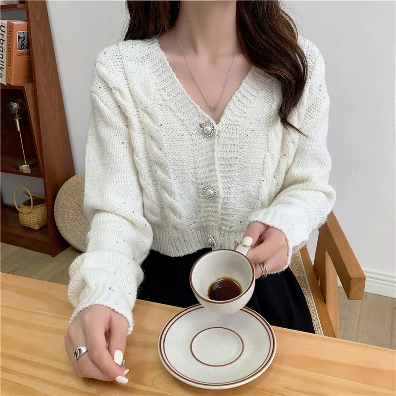 HELIAR Pearl Buttons Cardigan Women Sweet Long Sleeve Cropped Elegant Knitted Sweaters Coat Korean Long Sleeve White Cardigan