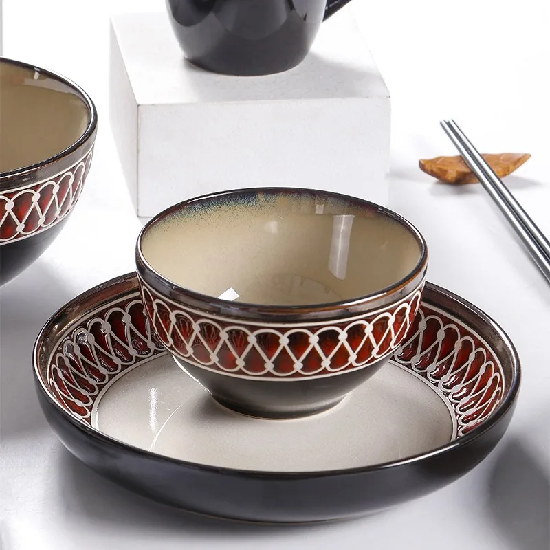 Classical Relief Stripe Ceramic Plates Creative Underglaze Romantic Dinner Plate Afternoon Tea Fruit Salad Bowls Tableware