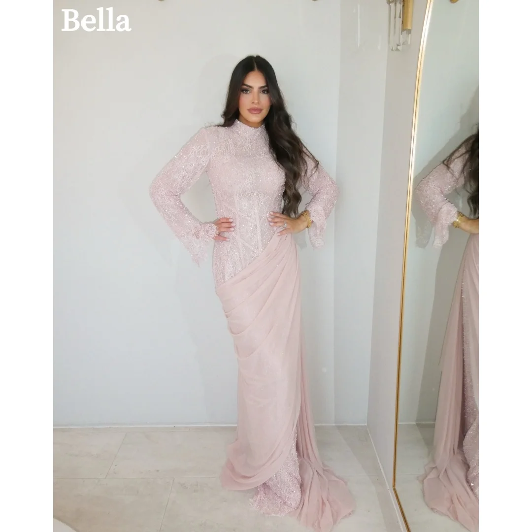 Bella Customized Ruffled Bell Sleeves Draped Chiffon Prom Dress Beaded Lace vestidos de noche Floor‑Length Evening Dresses 2026