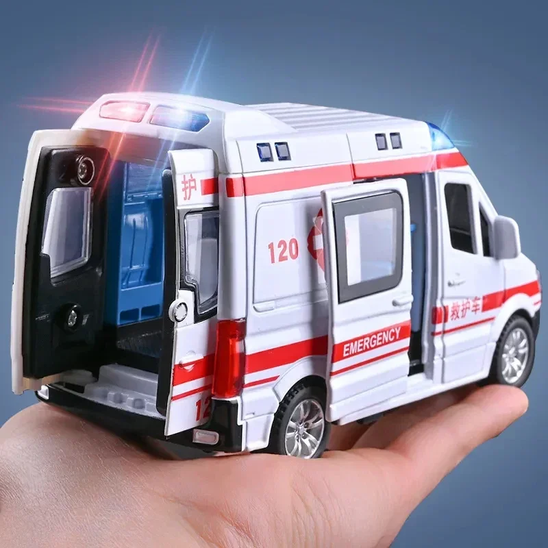 Brinquedo modelo de carro de liga para crianças, ambulância simulada, som e luz, puxar, carro de liga, porta dupla, presente, 1:32