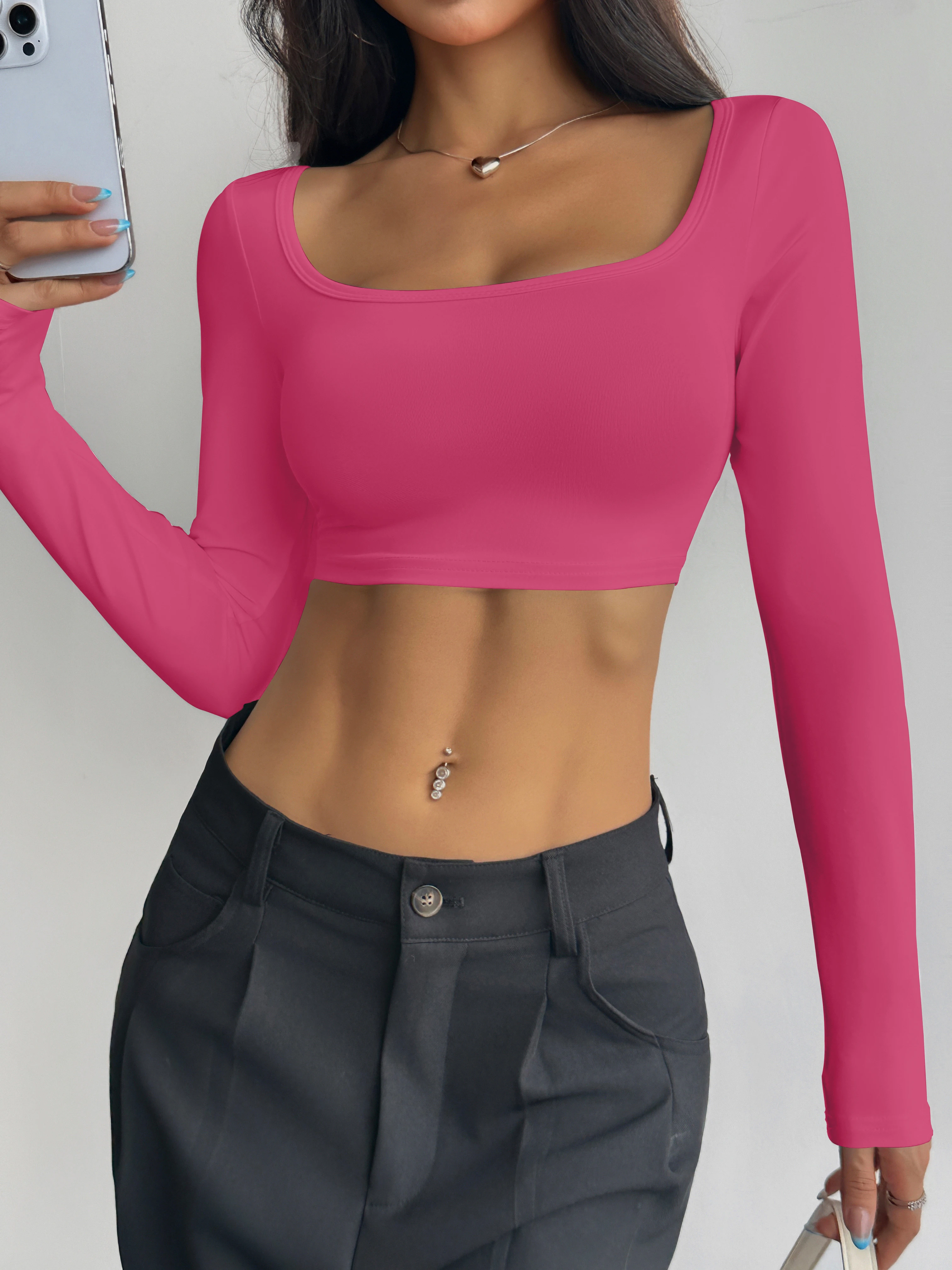 Damen-Crop-Top mit eckigem Ausschnitt und langen Ärmeln, figurbetontes Oberteil, das die Schlüsselbeine betont, heiß begehrter kurzer Bodysuit für vielseitiges Layering – Detail 19