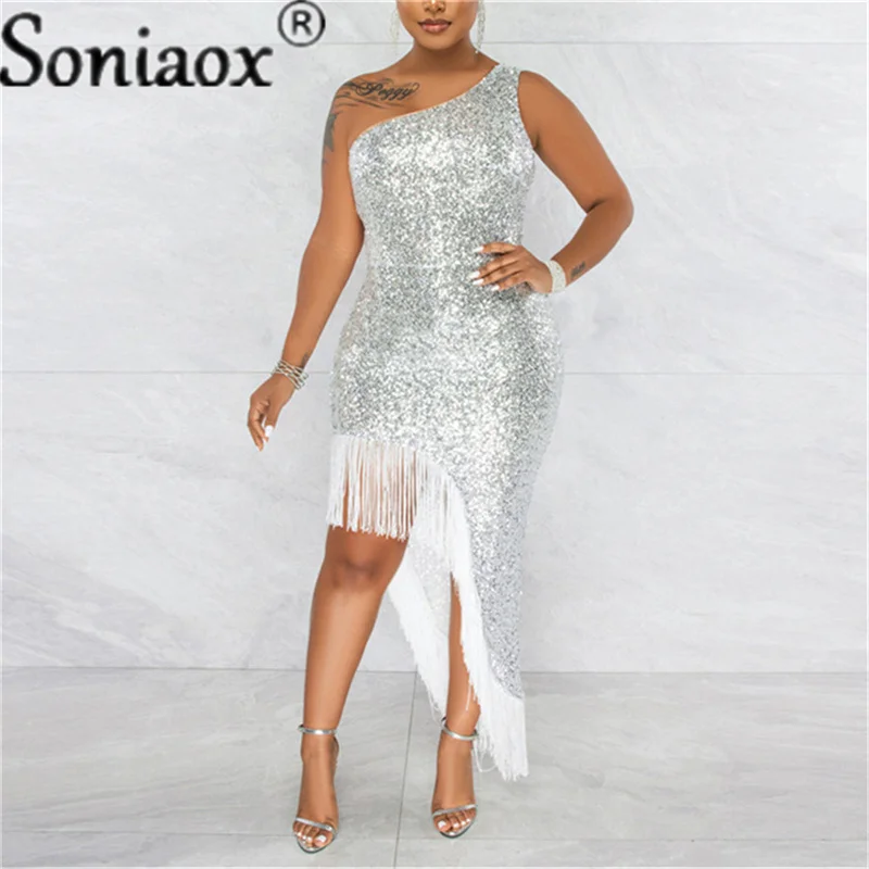 Women Sexy One Shoulder Solid Shiny Sequin Fringe Dress Ladies Tassel Irregular Slit Elegant Evening Prom Party Dress 2022 New