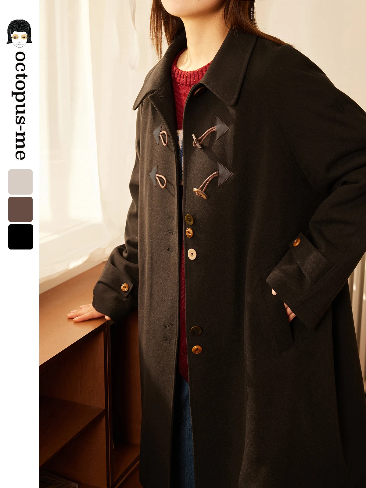 

Octopusme Retro Thiened Cotton Lined Woolen Coat Star Moon Button Large Coat Ele Busin Sle Long Sve Midi Length