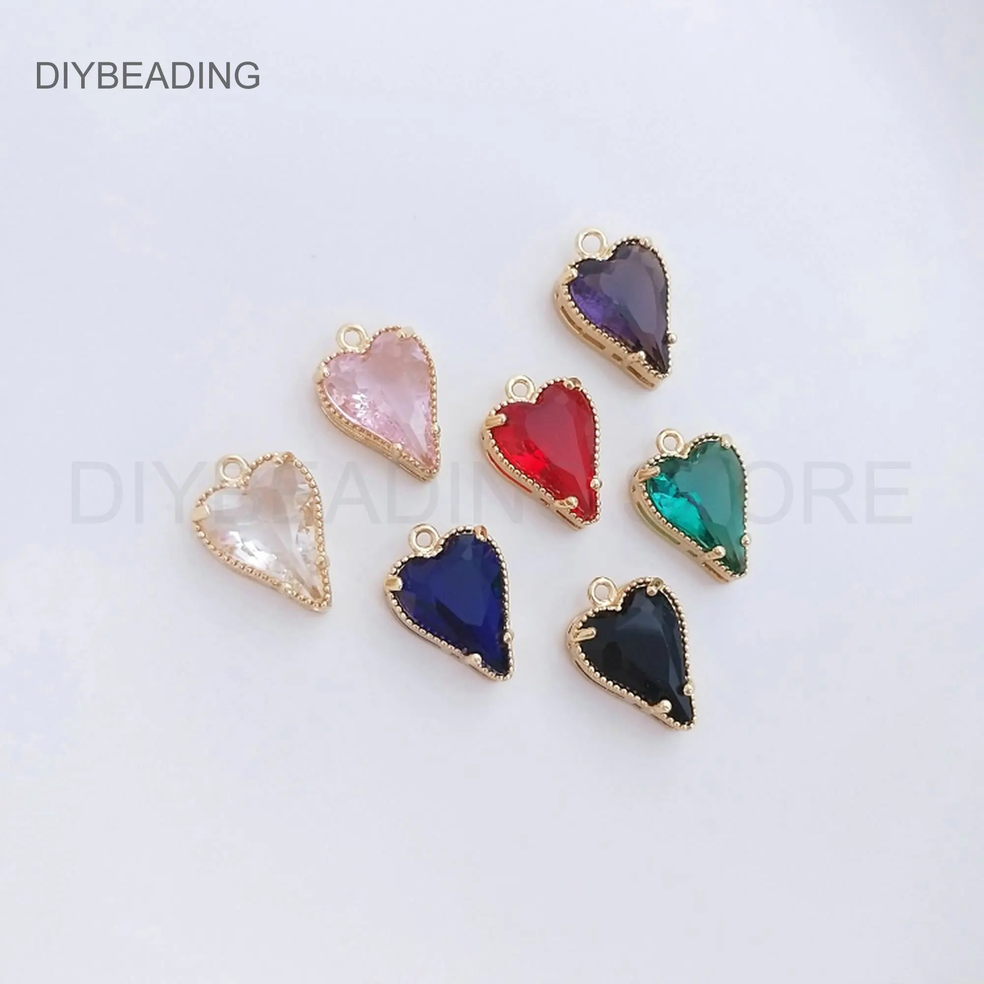 CZ Heart Charms for Earring Jewelry Making Clear/ Pink/ Red/ Blue/ Green/ Black Heart Pendant with 14K Gold Plated Edge