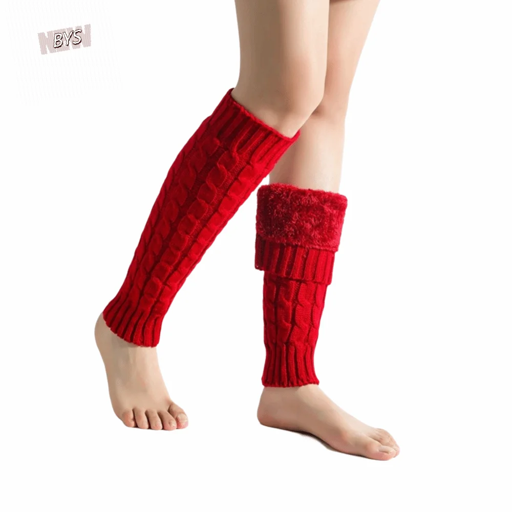 

Twist Pattern Knitting Leg Warmers Solid Color Fleece-Lined Women Leg Warmers Double-Layered Elastic Ankle Warmer