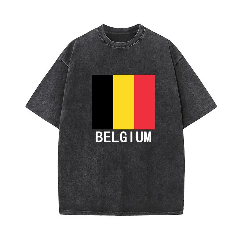 

Cotton Retro Washed T-shirt Belgium Flag Printed Neutral Men Women Vintage Short-sleeve T Shirts Solid Color Hip Hop Loose Tees