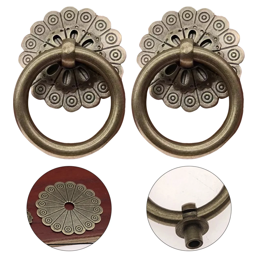 2PCS Antique Pulls Handle Drawer Cabinet Ring Handles Brass Drawer Knobs Retro Wardrobe Furniture Door Handware Wood Case Pulls