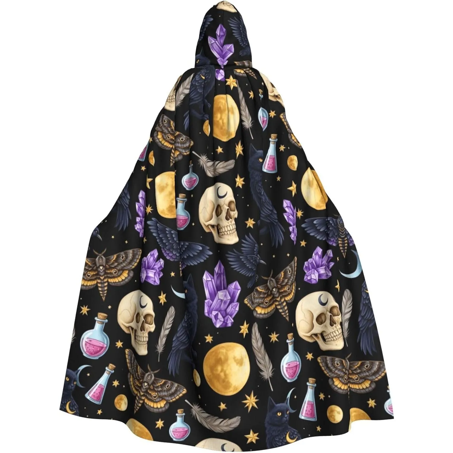 Witchy Gothic Print Hooded Cloak Unisex Halloween Role Play Cape for Adults