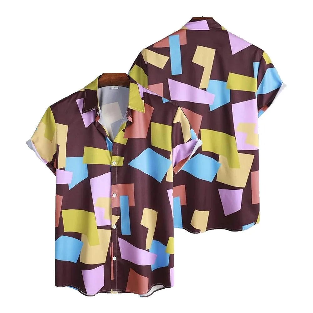 Geometric Color Block Print Button-up Shirt Summer Hawaiian Women Men Short Sleeve Party Beach Casual Shirts 2024