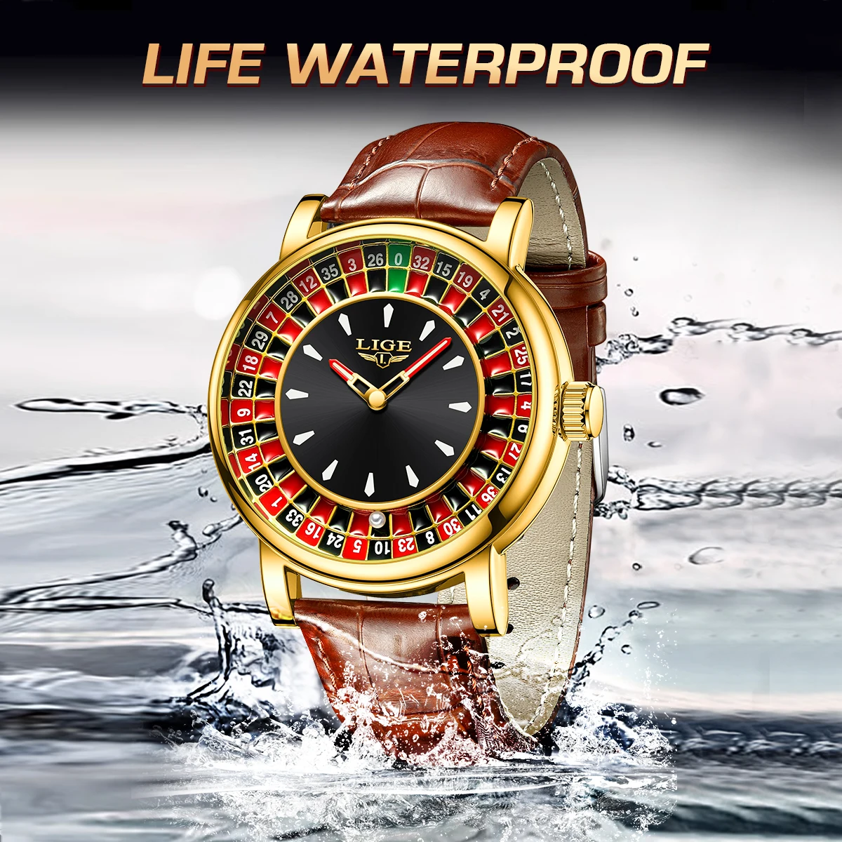 LIGE Fashion Leather Men Lucky Watch Rotating Dial Las Vegas Roulette Desktop Lucky Watch Men Waterproof Luminous Clock Watches