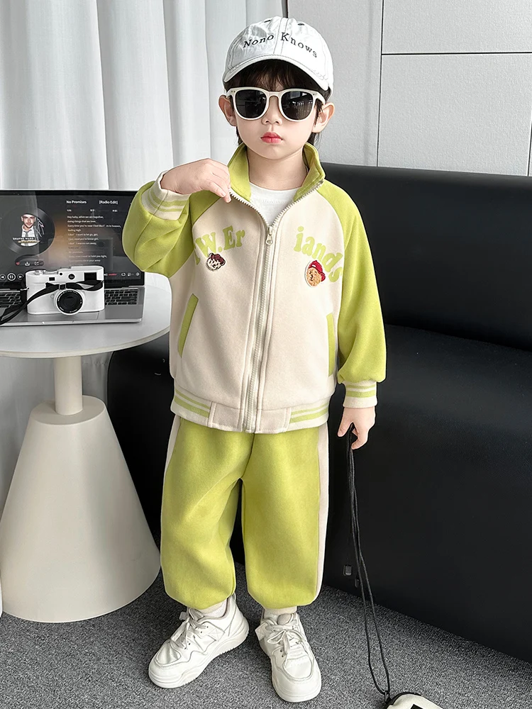 

Cartoon Bear Children's Baseball Jaet Sweater Two-Piece Set Long Sve Color Blo Trendy Spring Autumn ex Baby Wear