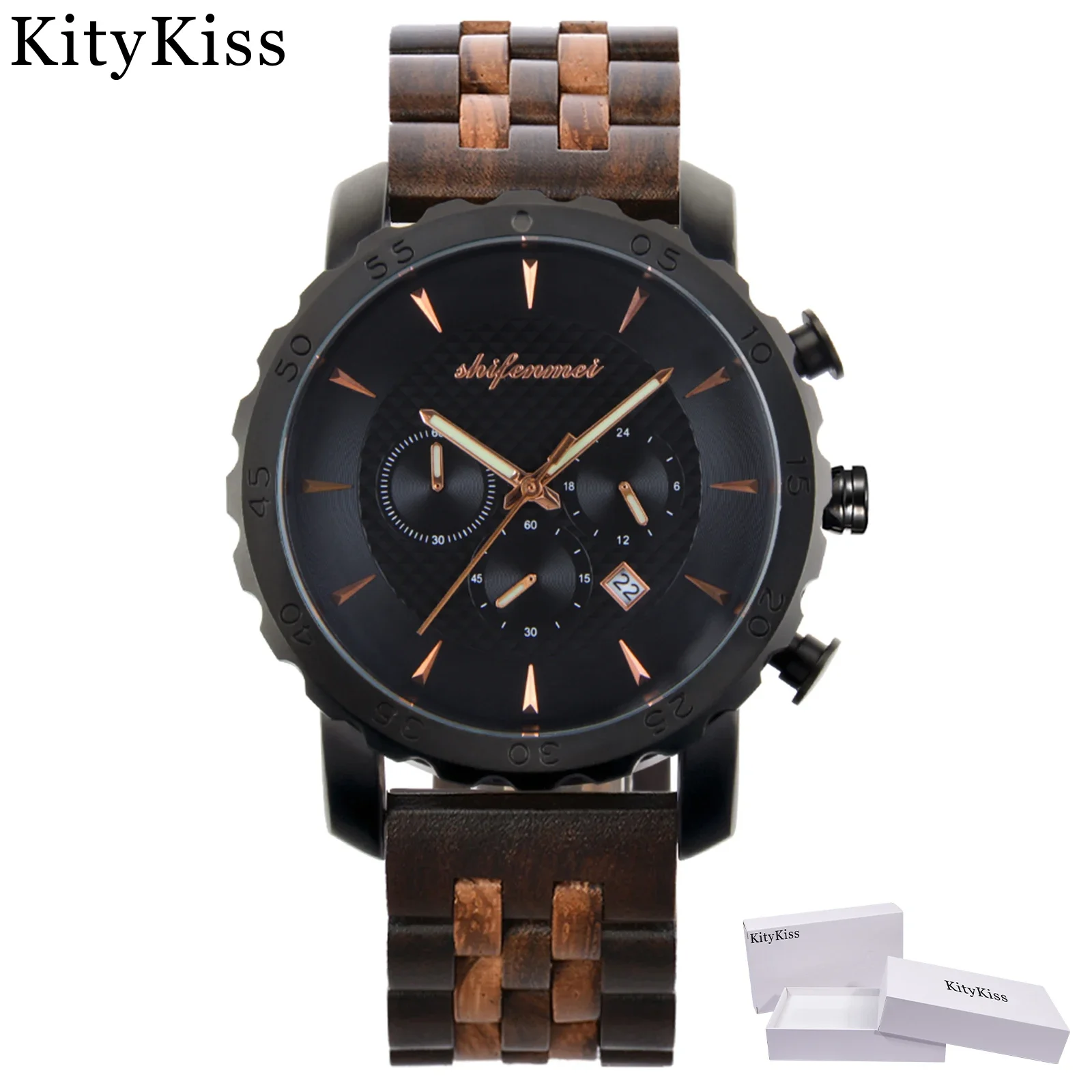 Kity Kiss Luxus-Multifunktions-Herren-Quarzuhr aus Holz mit mehreren Zeitzonen, wasserdichte Nachtlichtuhr, exquisites Festival-Geschenk