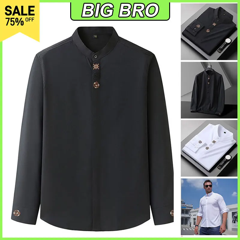 L-10XL Plus Size Men's Shirt Loose Mandarin Collar Long Sleeve Shirts Embroidery White Black Top Casual Oversized Male Clothing