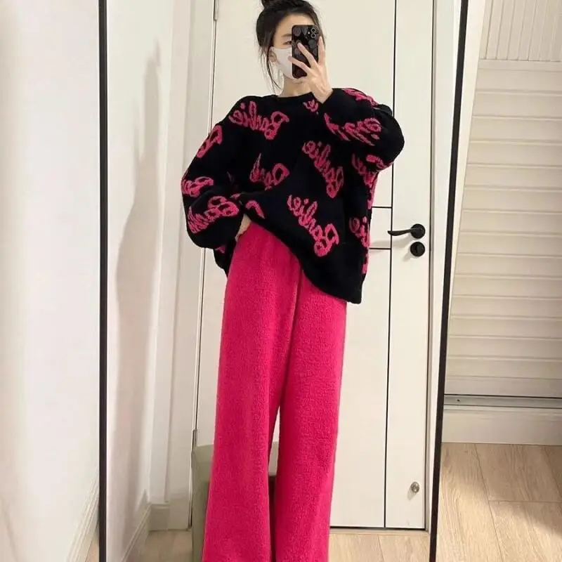 

Вязаные пижамы для девочек, осенне-зимний свободный свитер с надписью для отдыха, брюки, модная домашняя одежда, костюм допамина, новый стиль, оптовая продажа, хит продаж