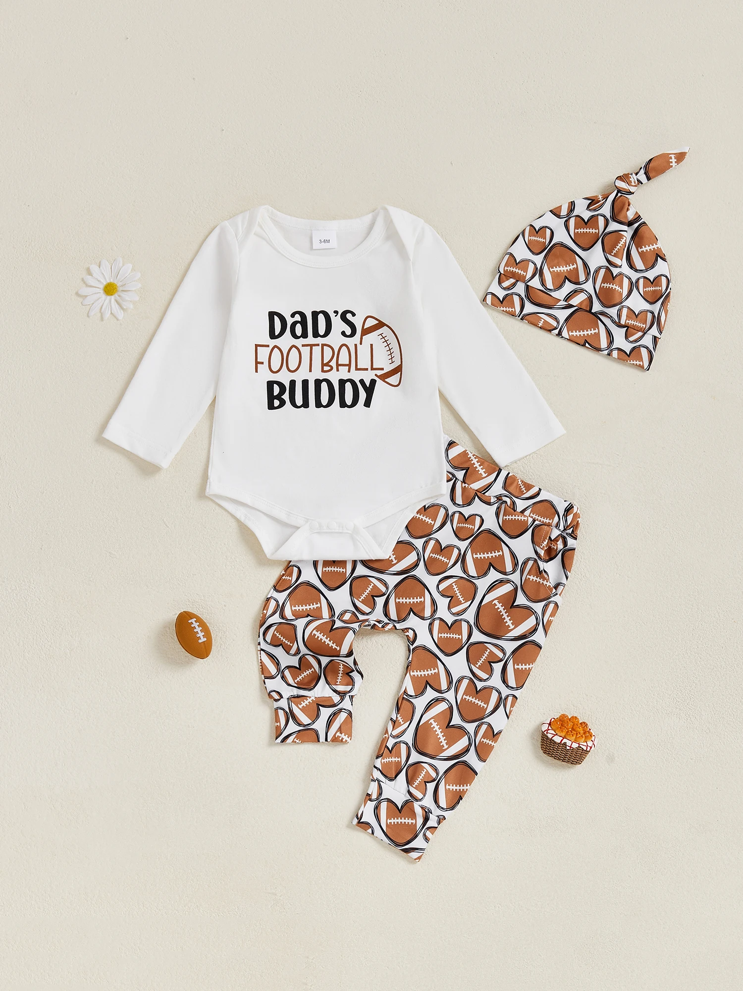 3-delige voetbalkledingset voor babyjongens met bodysuitbroek met lange mouwen en print en muts - Sportkleding voor pasgeborenen