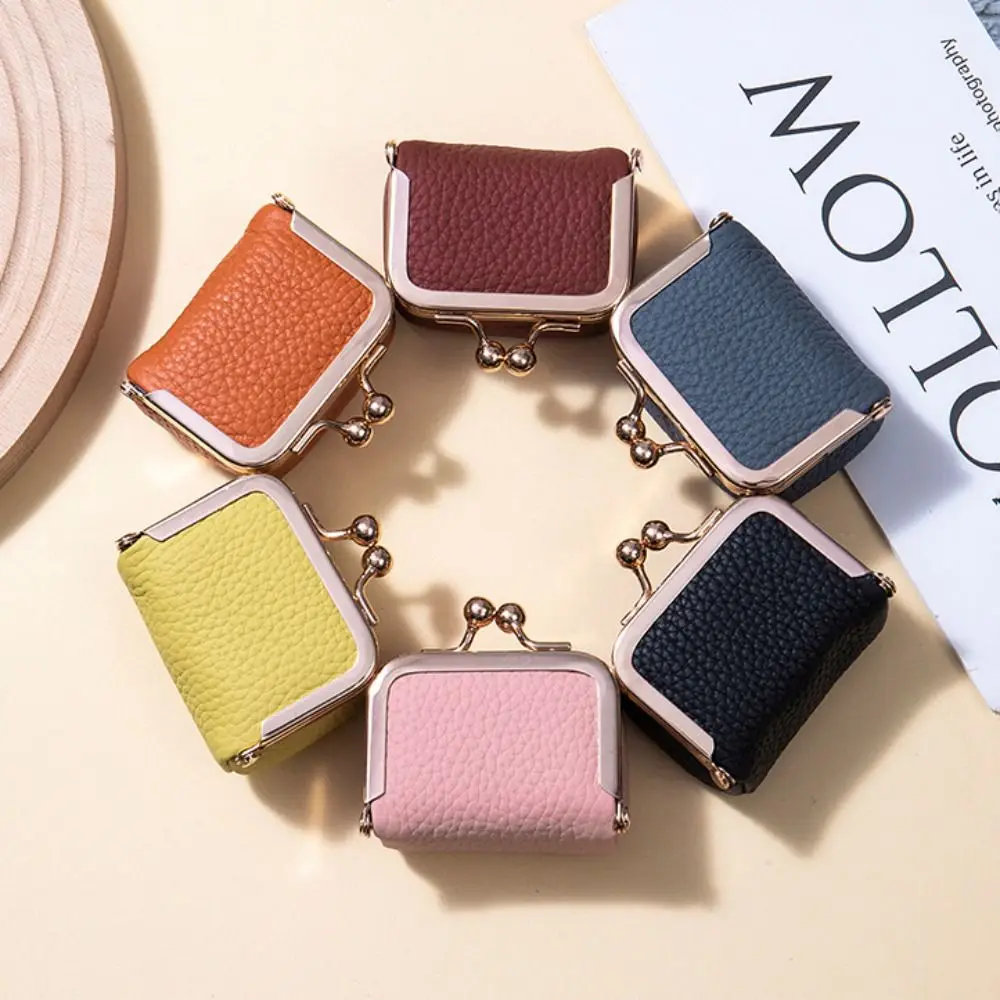 Vintage Solid Color Small Wallets Genuine Leather Kiss Lock Coin Purse Mini Change Pouch