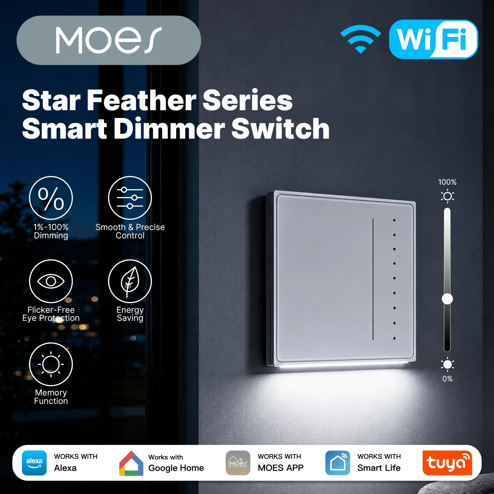 Tuya WiFi Smart Touch Dimmer Wall Switch AG Anti‑Glare Glass Vibration Feedback Soft Backlight Alexa Google Home Voice Control