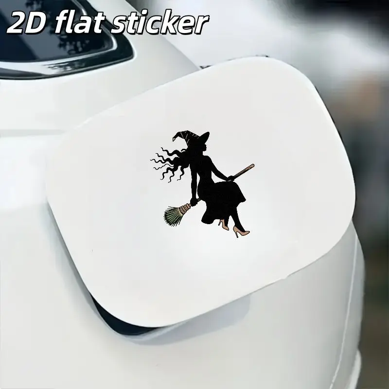 1Pc 2D Flat Witch on Broomstick Vinyl Sticker, Halloween Silhouette Waterproof Decal for Car Window & Smooth Surfaces
