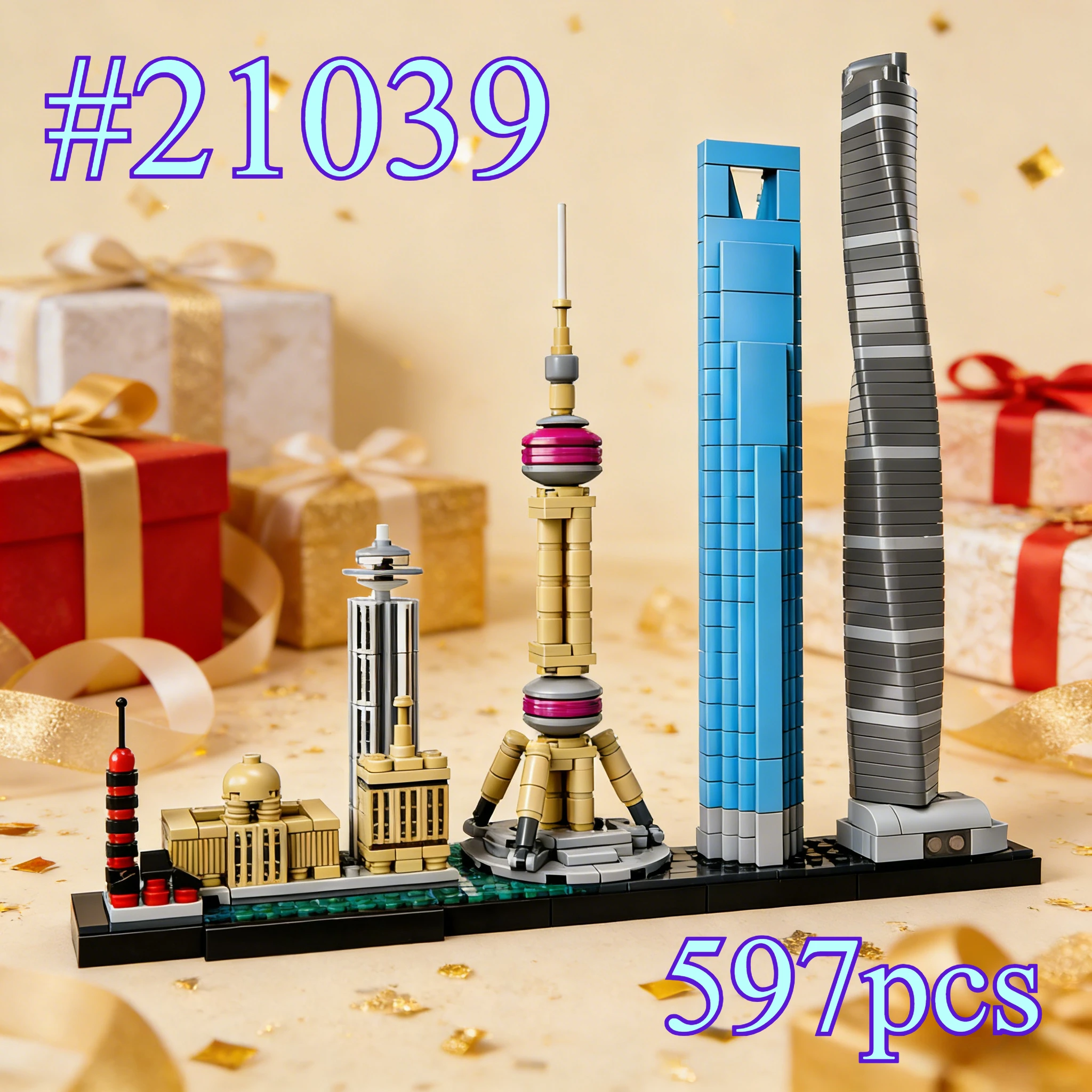 

Наборы строительных блоков Landmark Buildings in Shanghai 21039, подходящие для рождественских подарков, совместимые с частицами Legoed, 597 шт.