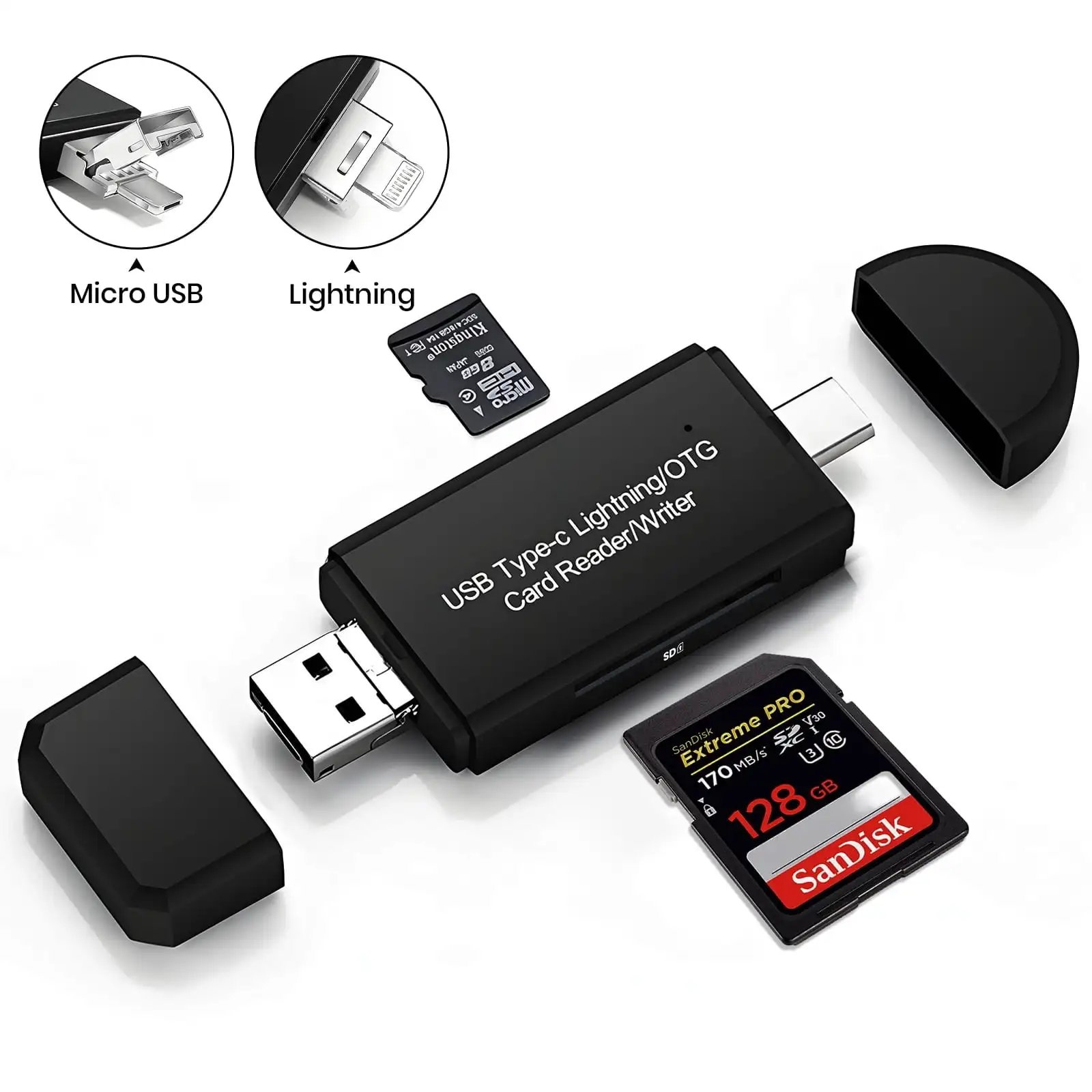 

SD Card Reader for iPhone iPad PC, 4-in-1 Memory Card Adapter with Lightning/USB C/USB/Micro USB, Supports SD/TF Cards