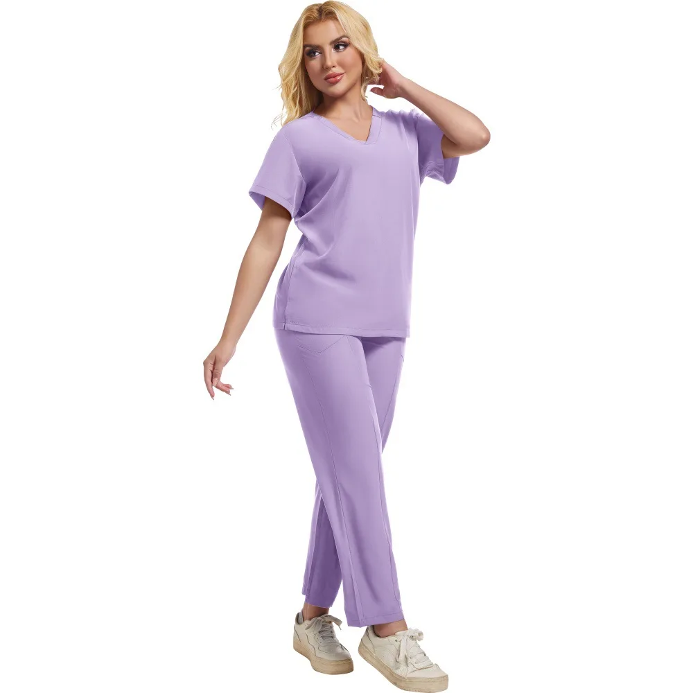 Women's Scrub Set V-Neck Top Elastic Waist Pants Comfortable 4-Way Stretch Medical Uniform Nurses Doctors Healthcare Workers