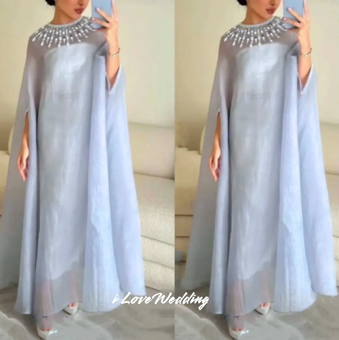 

Blue O-Neck Evening Dress 2025 Organza Long Sleeve Beaded A-Line Floor-Length Prom Dress Pleated Wedding Party Dress Customized