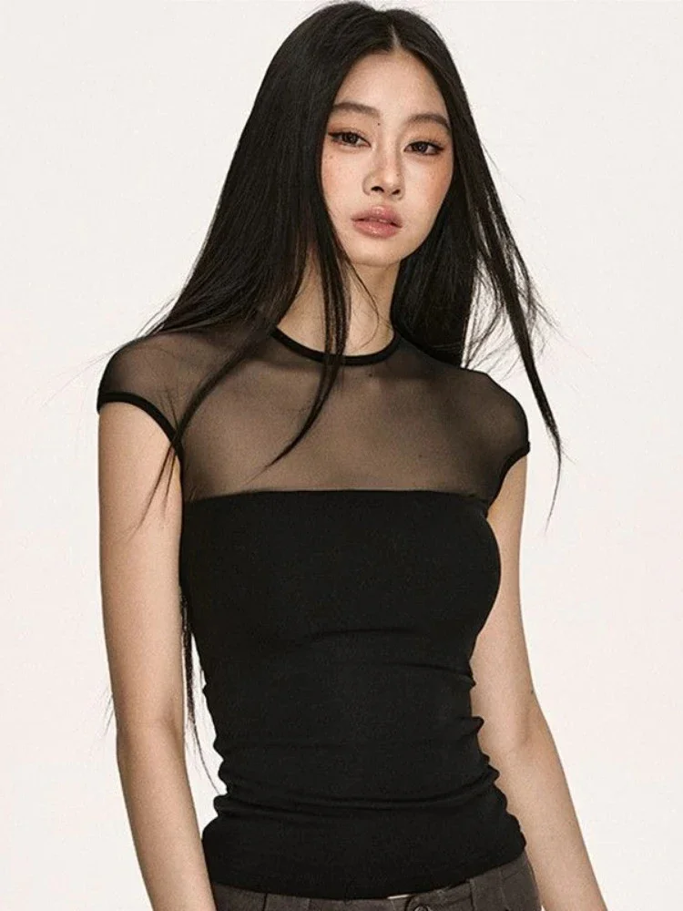 Y2k الشاش المرقعة امرأة بلايز 2025 Ropa Mujer خمر مثير كل مباراة موضة تيز الصيف شيك سليم صالح قصيرة الأكمام تي شيرت