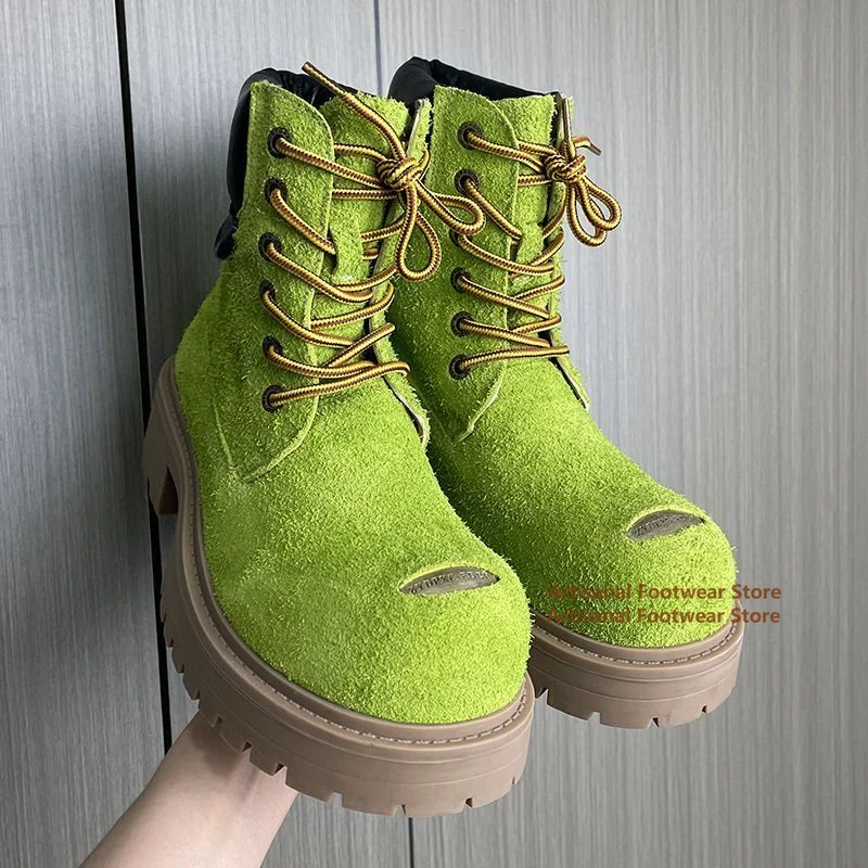 Męskie botki ze skóry zamszowej na podwyższeniu, z dużym okrągłym noskiem, sznurowane, wysokie, modne, stylowe, designerskie, ręcznie robione buty outdoorowe.