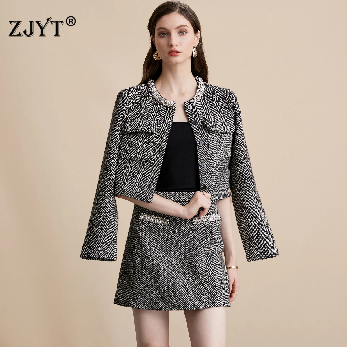 

ZJYT Elegant Luxury Diamonds Tweed Jacket and Mini Skirt Suit Autumn Winter Womens Two Piece Outfit 2025 New Party Dress Sets