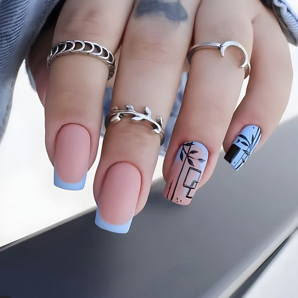 

24 Pcs Matte Blue French Fake Nails Acrylic Press On Nails With Glue Sticker DIY Lady Finger Tips Manicure Accessory