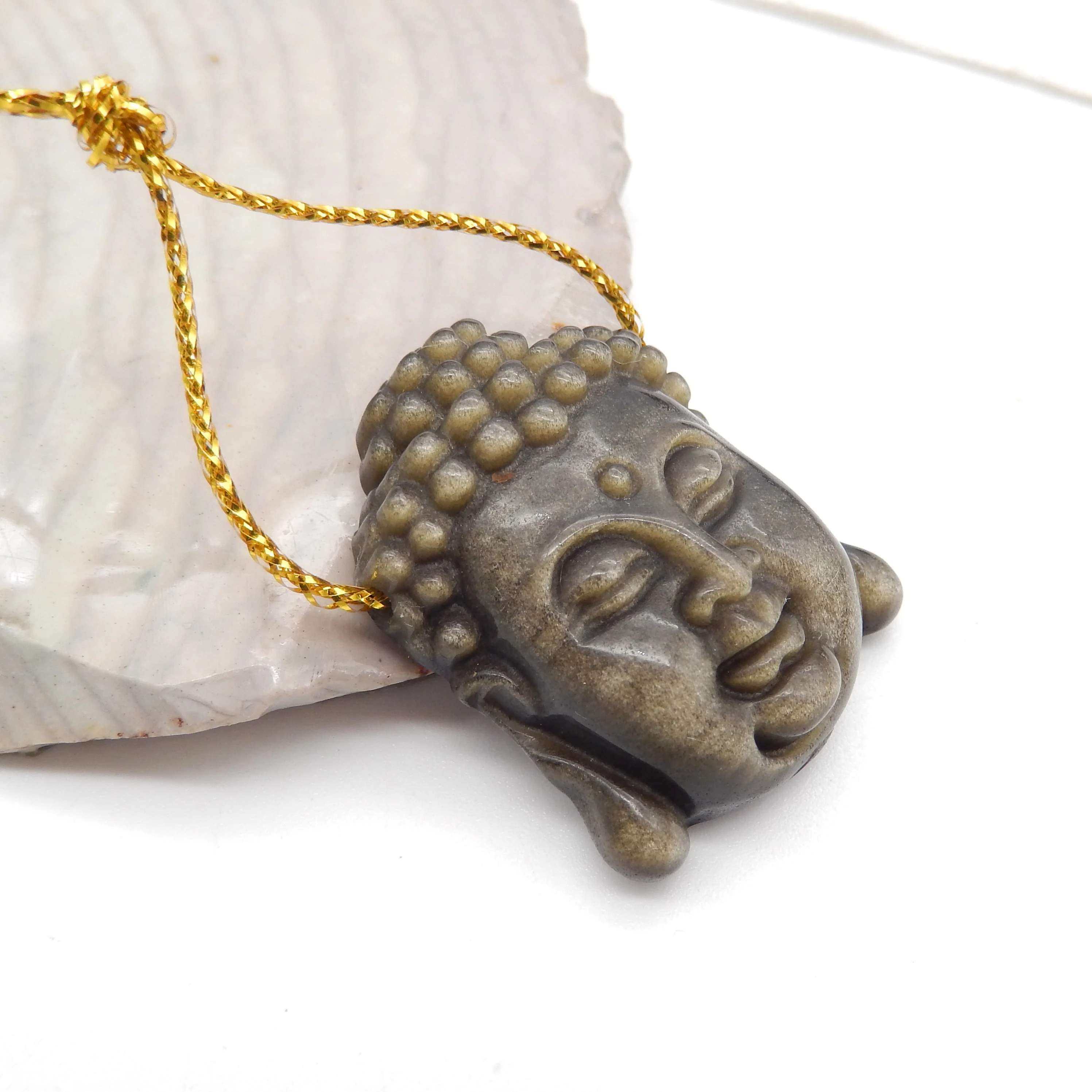 Natural Gold Obsidian Hand Carved Buddha Head Pendant Bead,Semiprecious Fashion Jewelry Necklace Accessories