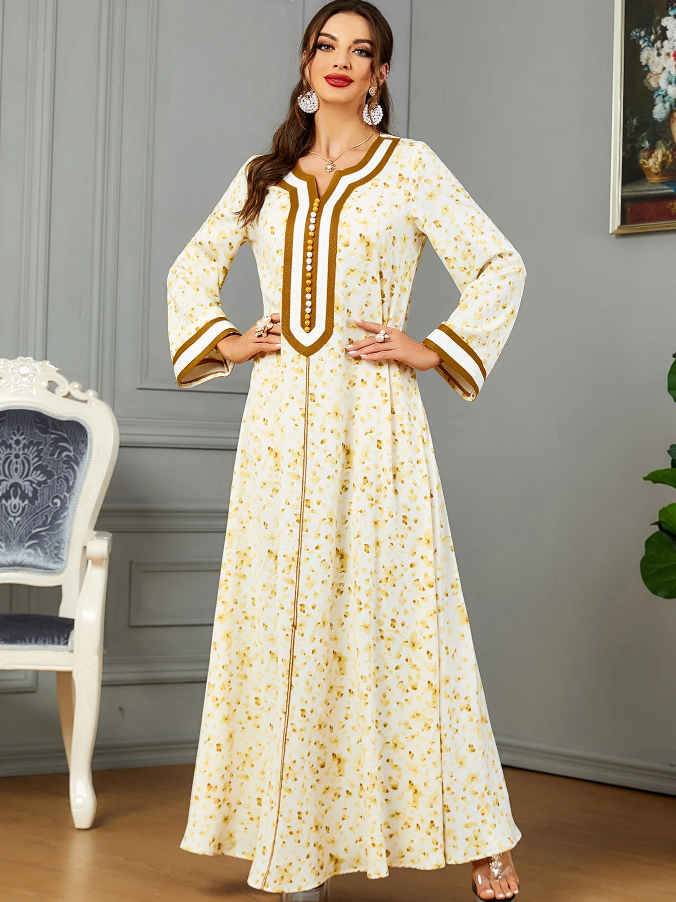 

Eid Muslim Party Dress for Women Jalabiya Abaya Ramadan Long Dresses Abayas Woman Floral Print Caftan Vestidos Largos 2024