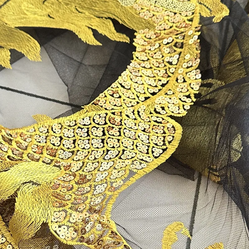 1Pcs Super Large Gold Sequin Dragon Black Mesh Fabrics Embroidery Patches Applique Sewing On Clothing Dress Lace Patch Decor DIY