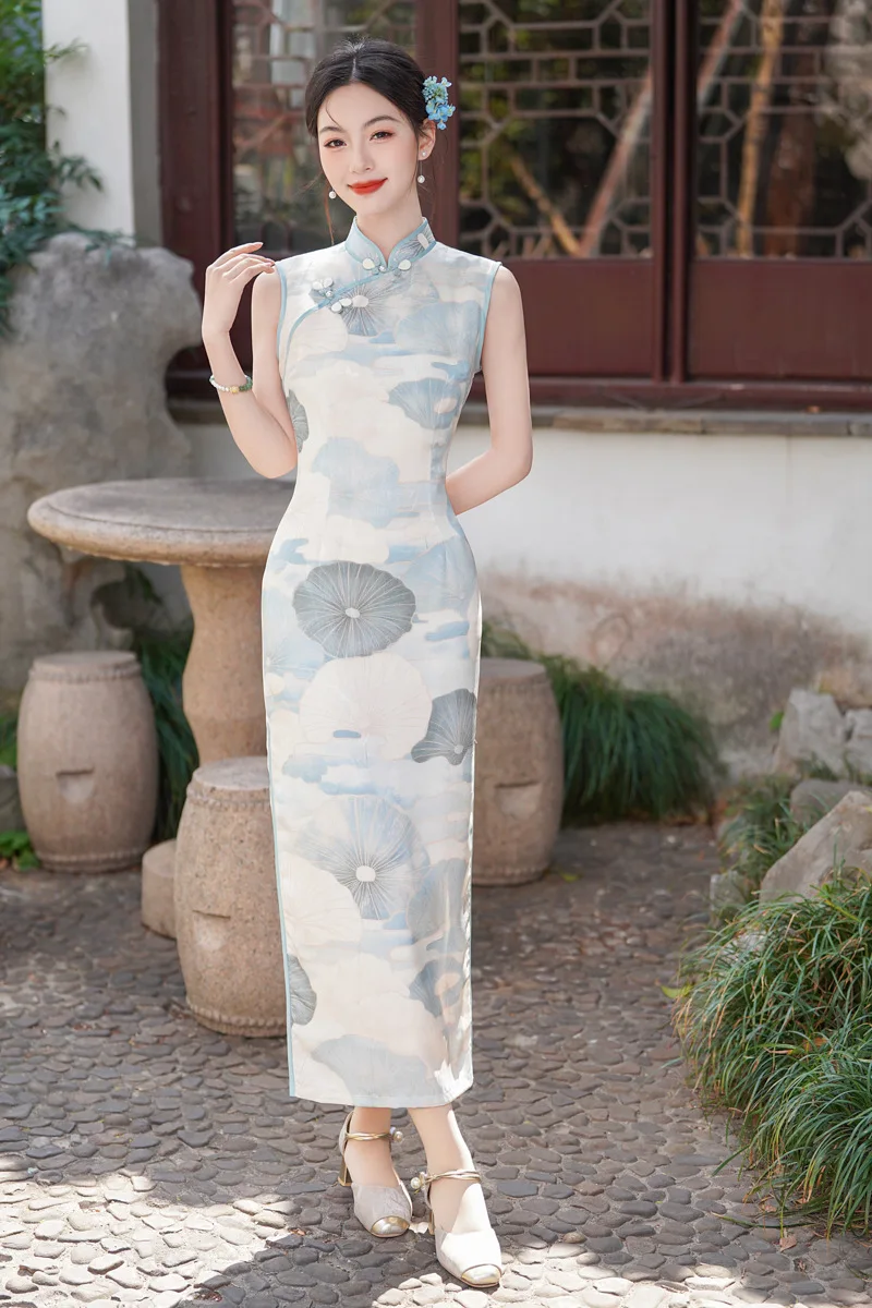 

Summer Lotus Leaf Print Sleeveless Cheongsam Summer Chinese Style Young Girl's Vintage Long Dresses