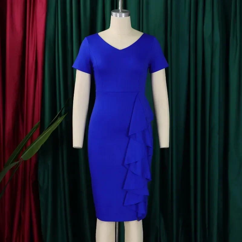 Vestidos elegantes de igreja para mulheres, bodycon V Neck, babados, mangas curtas, magros, elegantes, senhoras do escritório, desgaste do trabalho, africano, vestidos