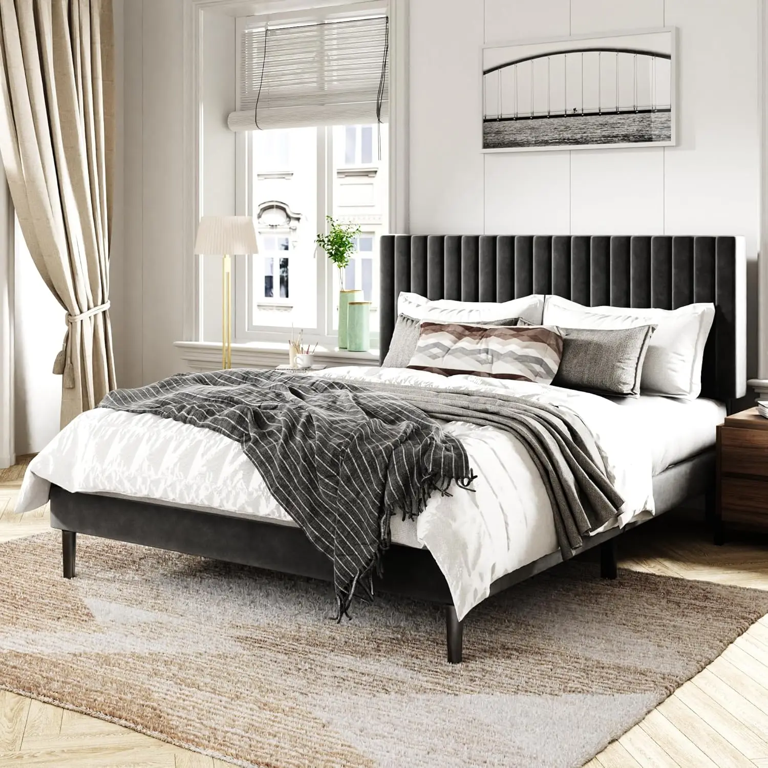 Bed Frame with Velvet Upholstered Headboard, Platform Bed with Strong Wood Slats, Mattress Foundation, Box Spring Optional