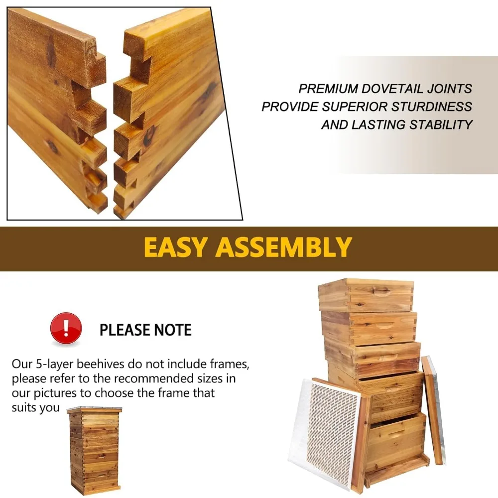 5-Layer Bee Hive, Langstroth Beehive Kit with 100% Beeswax Coating Includes 2 Deep Boxes & 3 Medium Layers for Optimal Honey