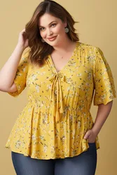 Flycurvy Plus Size Everyday Yellow Ditsy Floral Print Lace-up Babydoll Blouse