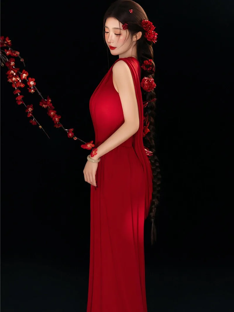 

Red Chinese Sle Portrait Photoaphy Clothes New Year Theme Studio Photo oot Traditional Festive Women's Faion Costume