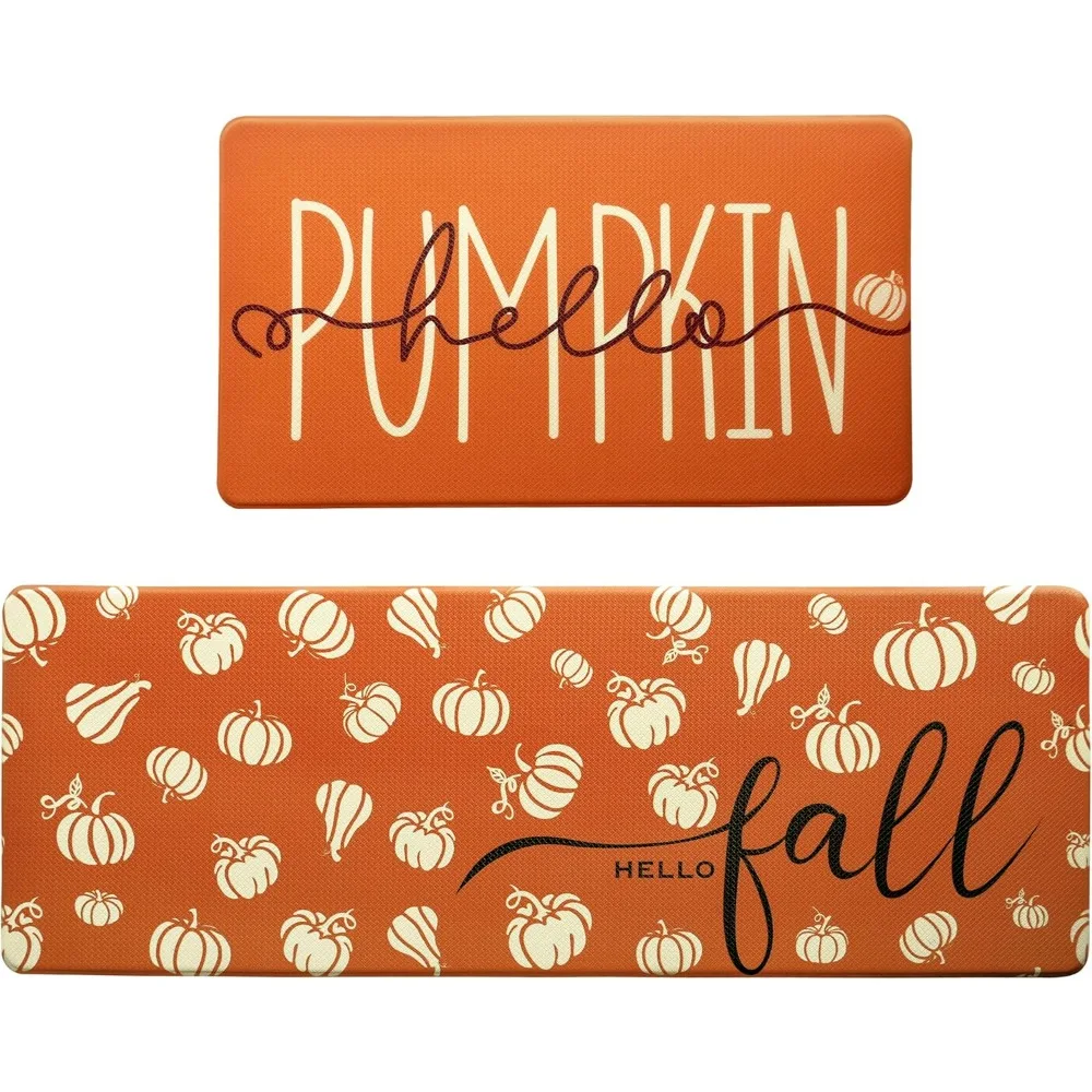 

fall autumn pumpkin orange kitchen rug sets [2 pcs], anti-fatigue, waterproof non-slip kitchen mats heavy duty comfort foam rug