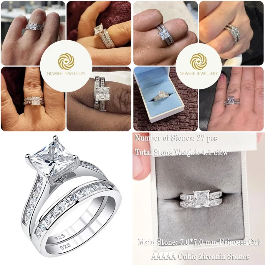 

Wedding Rings for Women 2 Sterling Silver Engagement Ring Sets Princess Bridal Promise Size