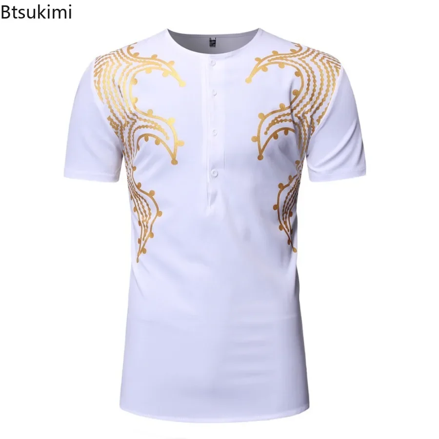 

2025 Fashion Men's Short Sleeve T-shirt Summer Gold Stamping O-neck Tops Men African Clothes High Quality Traditional Casual Tee